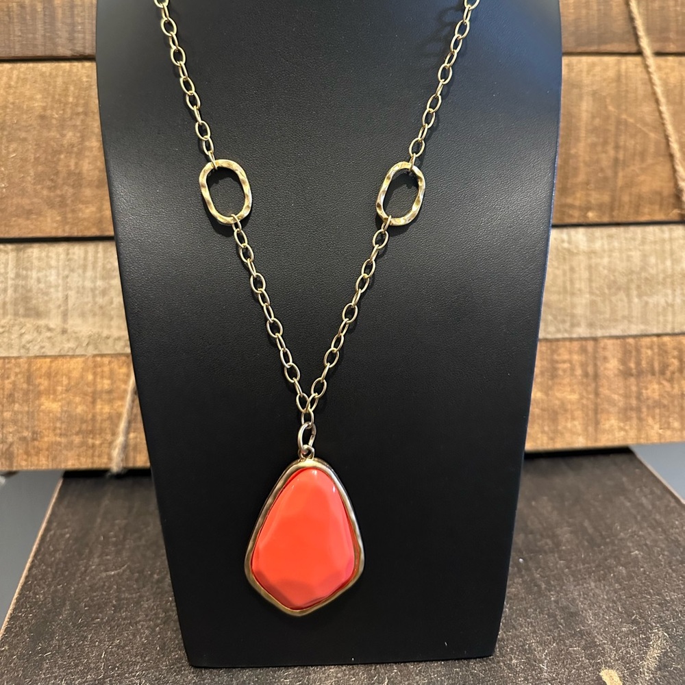 Goldtone Statement Coral Color Stone/Glass (?) Pendant SOFIA NECKLACE